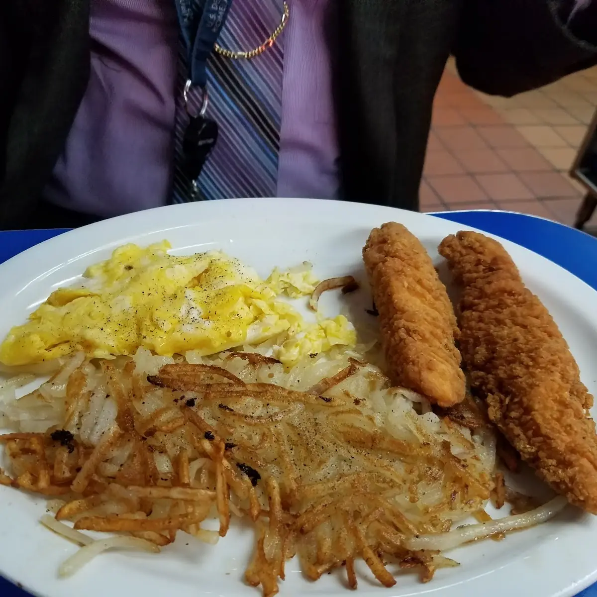 Fried Chicken Scrambled Eggs w Cheese and Hashbrowns