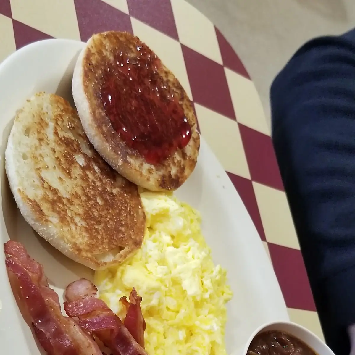 2 Eggs Scrambled Bacon Toasted English Muffin Homemade Beans