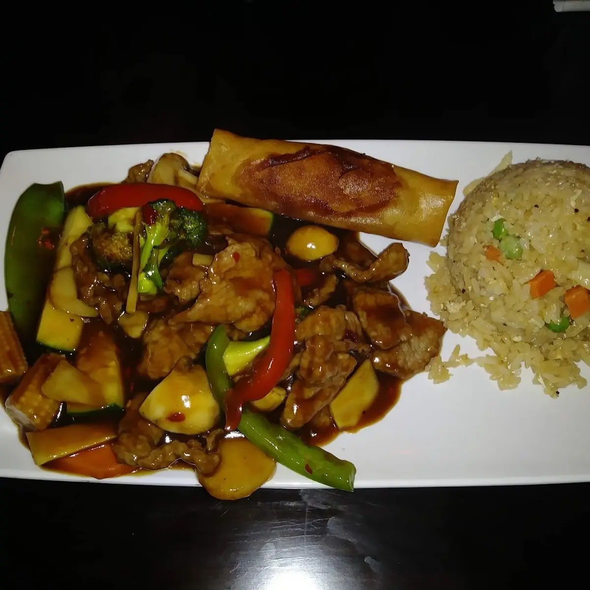 Hunan Beef Fried Rice and Egg Roll