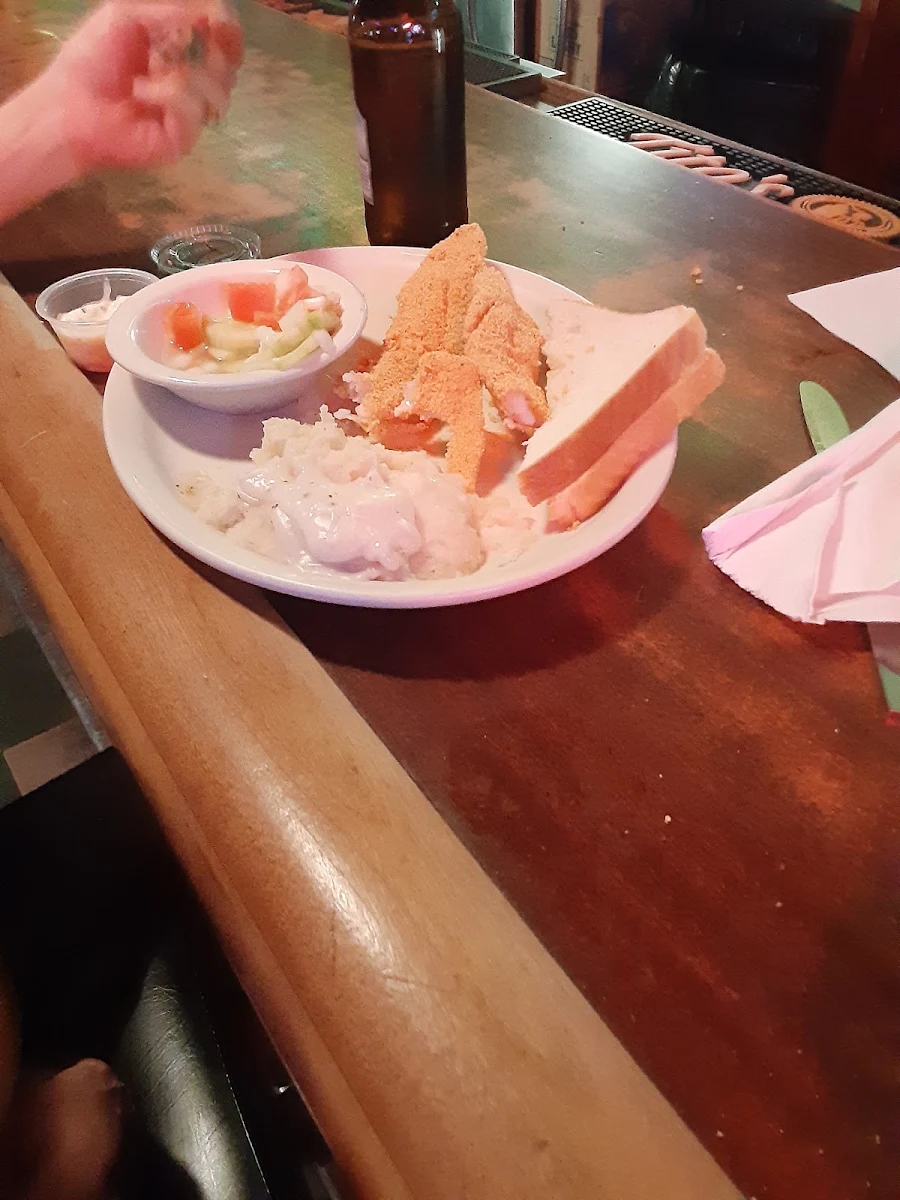 Fish Dinner with Mashed Potatoes and Gravy and Cucumber Salad