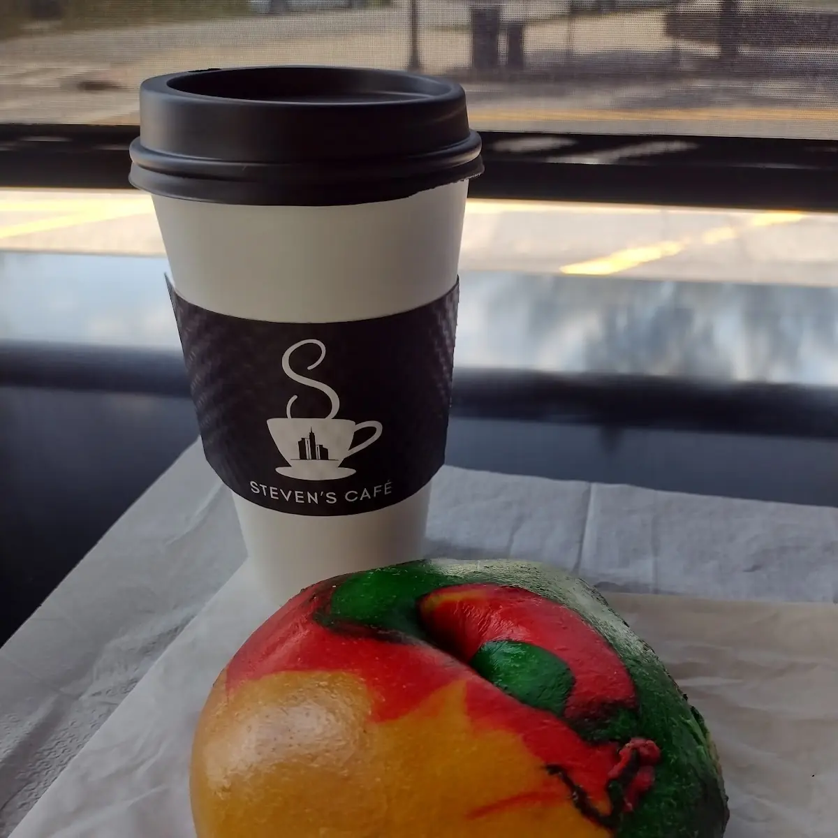 Rainbow Bagel and a Large Latte