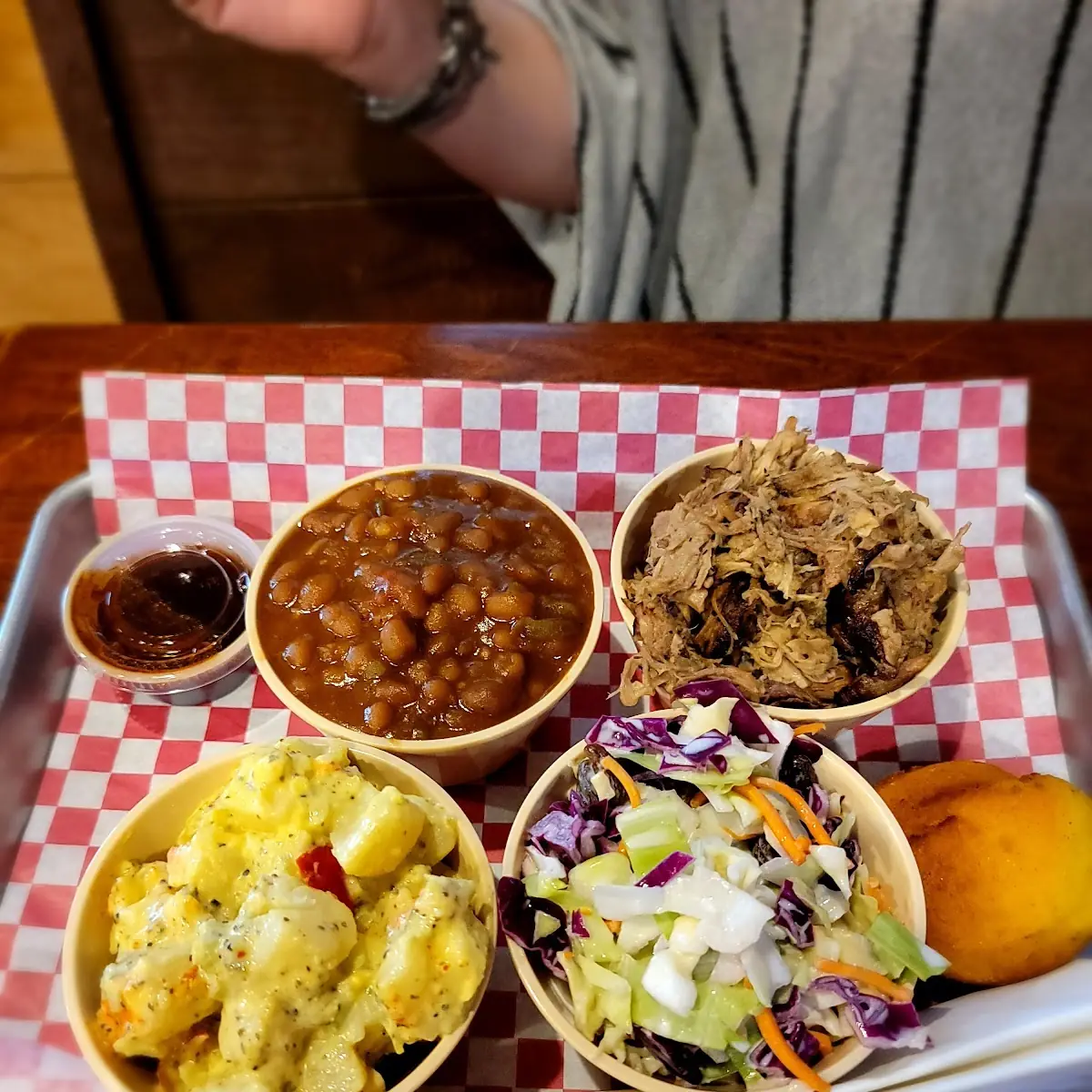 Pulled Pork Dinner with Potato Salad Cole Slaw and Baked Beans