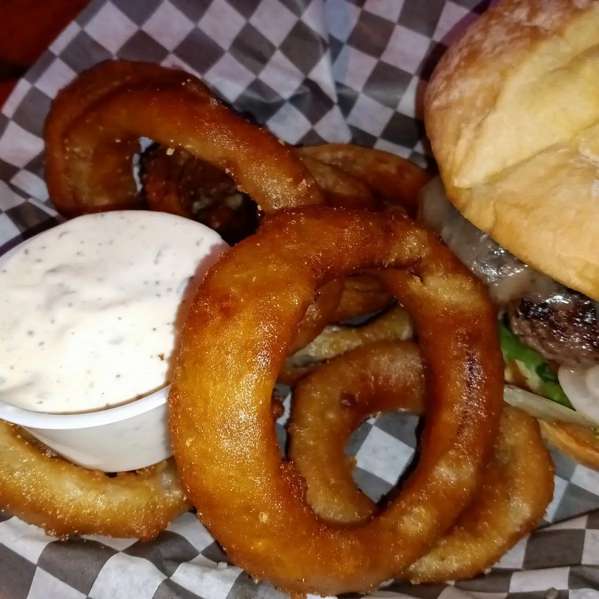 Cheese Burger with Pepper Jack Cheese & Onion Rings