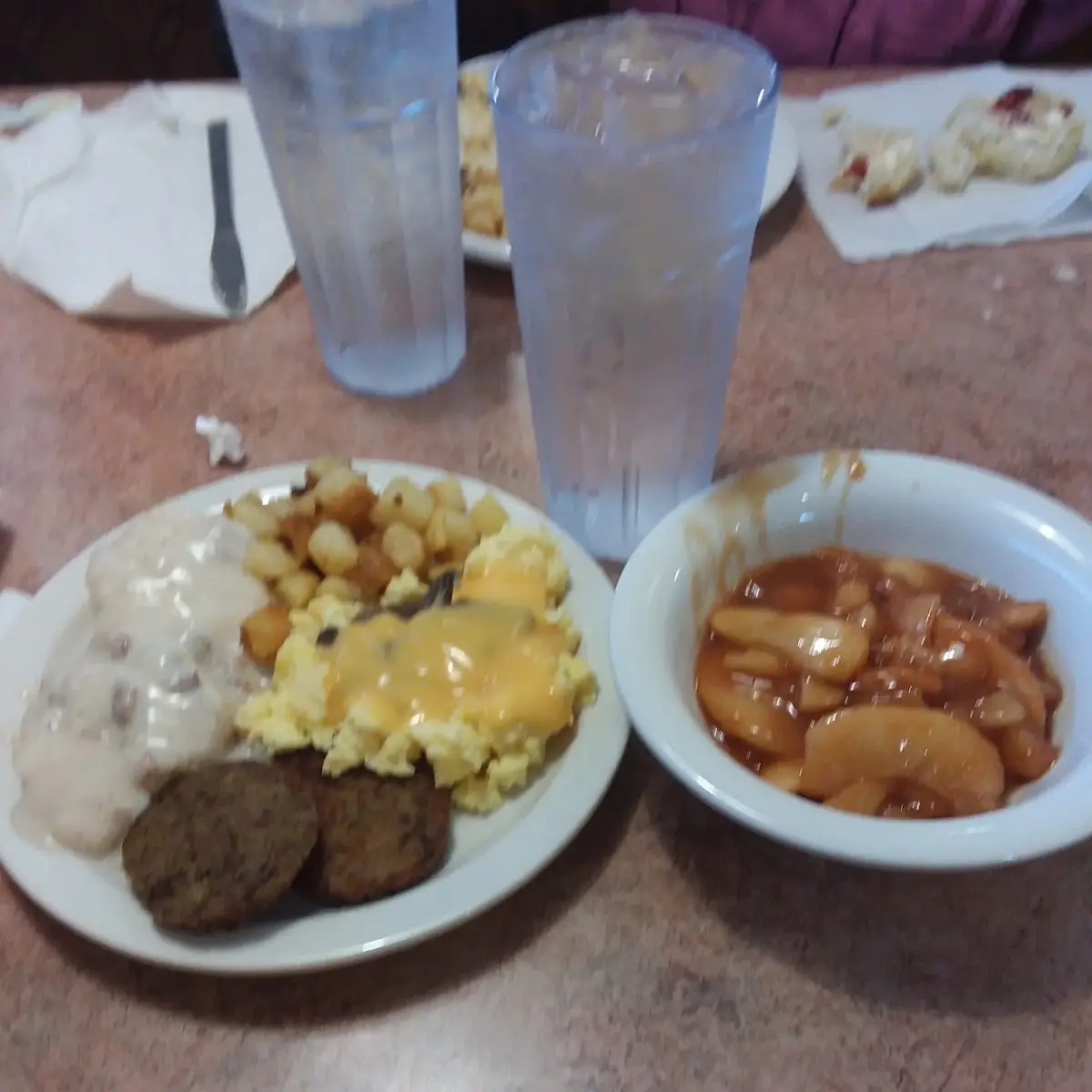 Biscuits and Gravy Sausage Scrambled Eggs Fried Apples Fried Potatoes