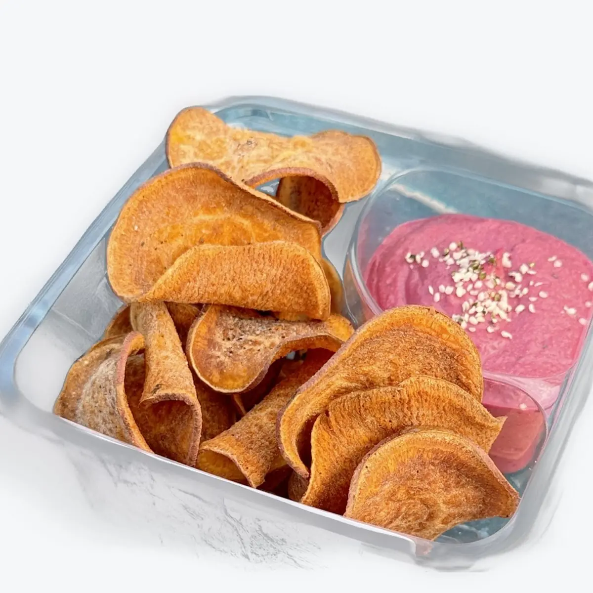 Beet Hummus with Hand Cut Sweet Potato Chips