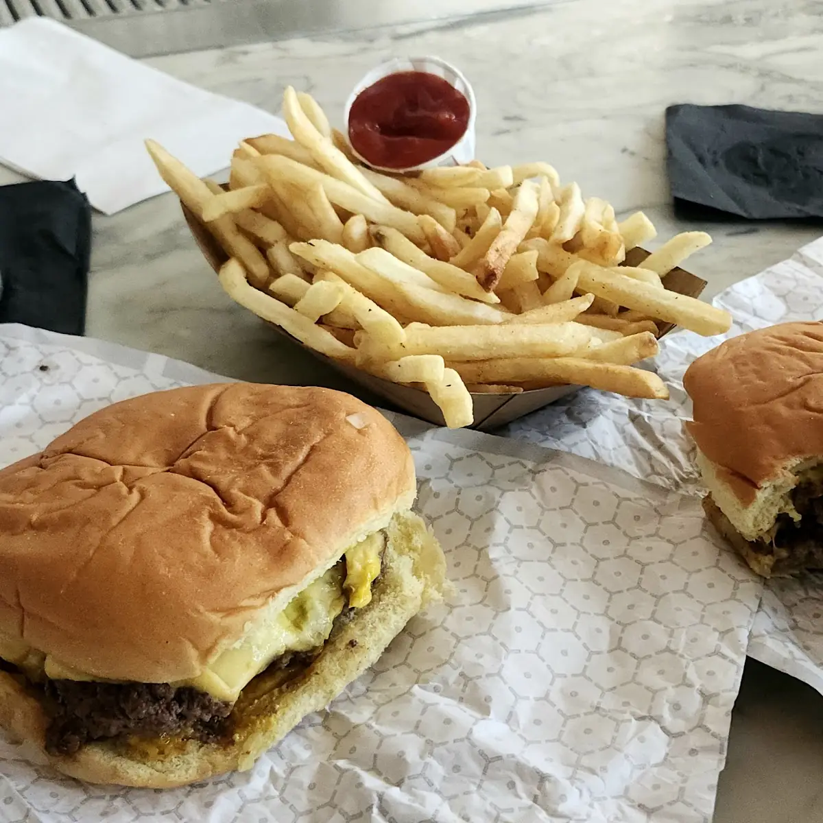 Double Cheeseburger with Fries and Old Fashioned