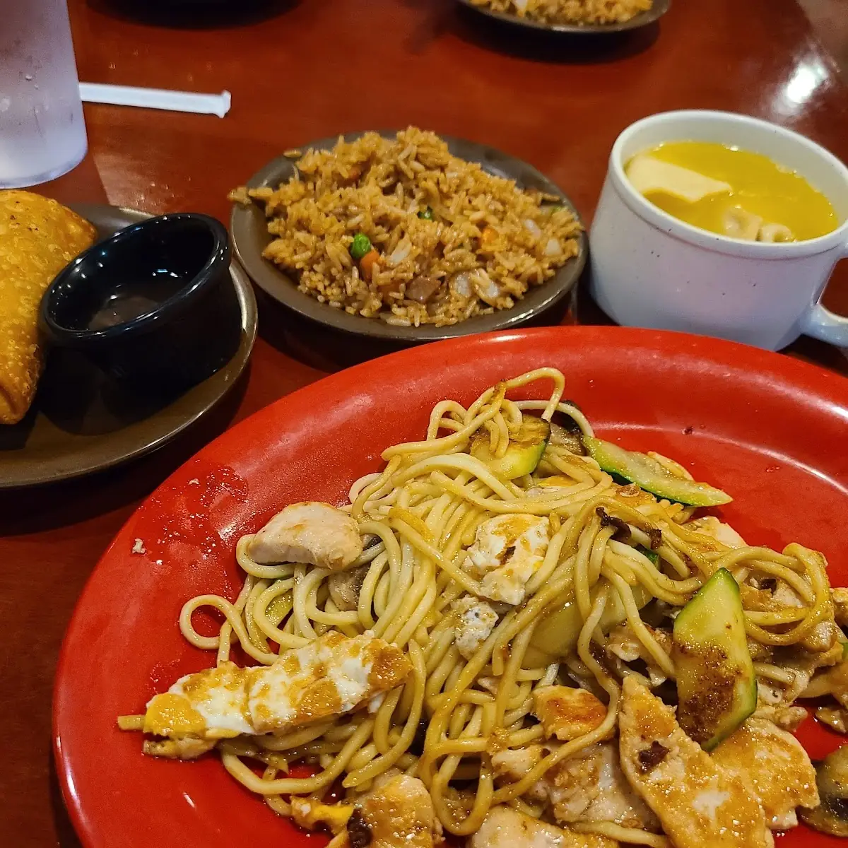 Chicken and Vegetables Fried Rice and Soup and Egg Roll