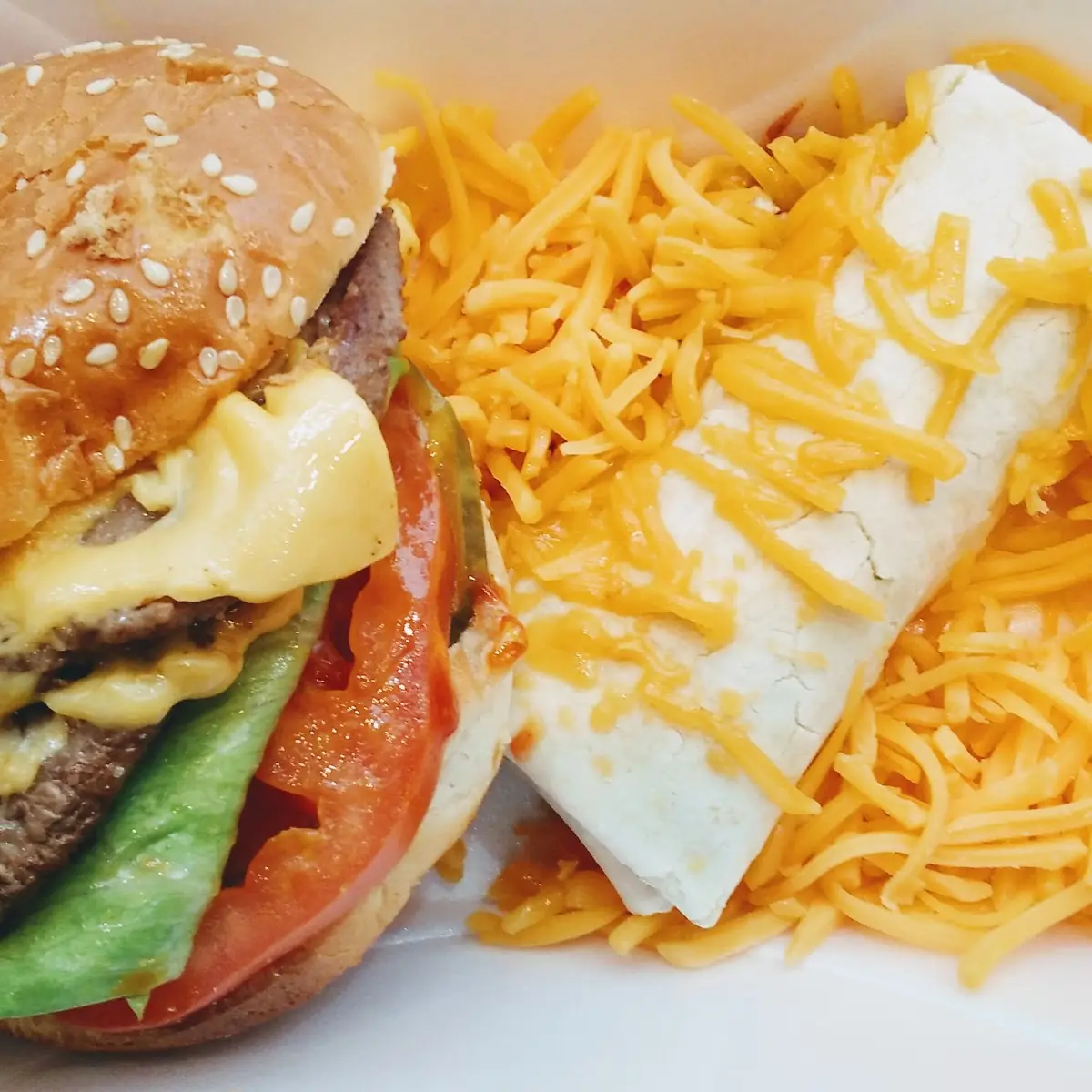 Double Cheeseburger w Burrito & Side Cheddar Cheese