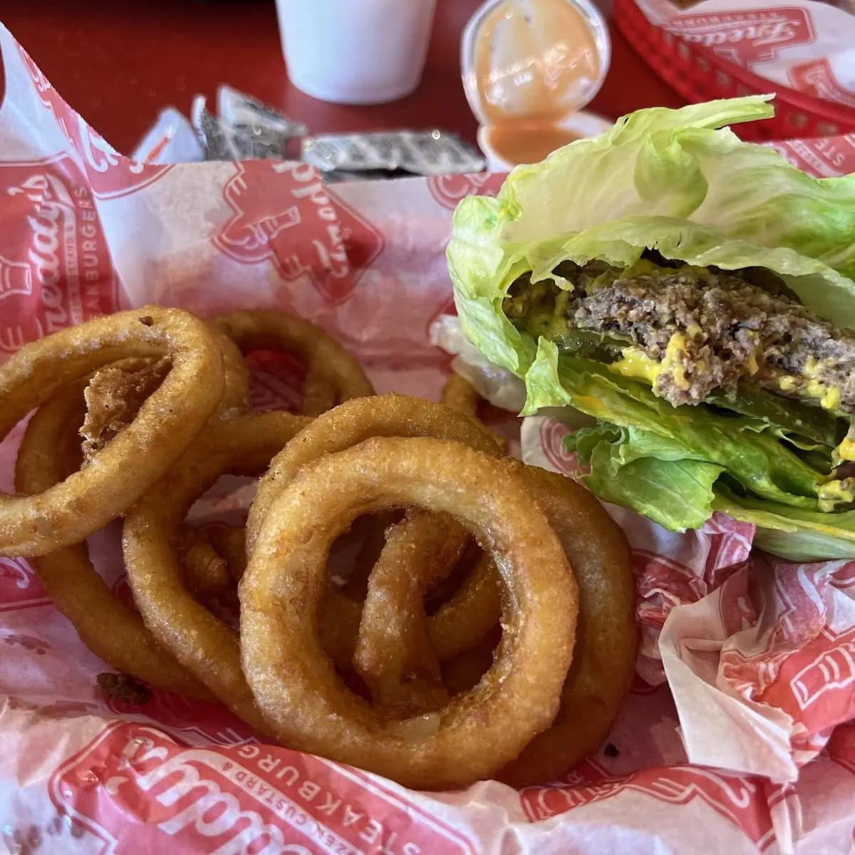 Lettuce Wrap Hamburger with Onion Rings