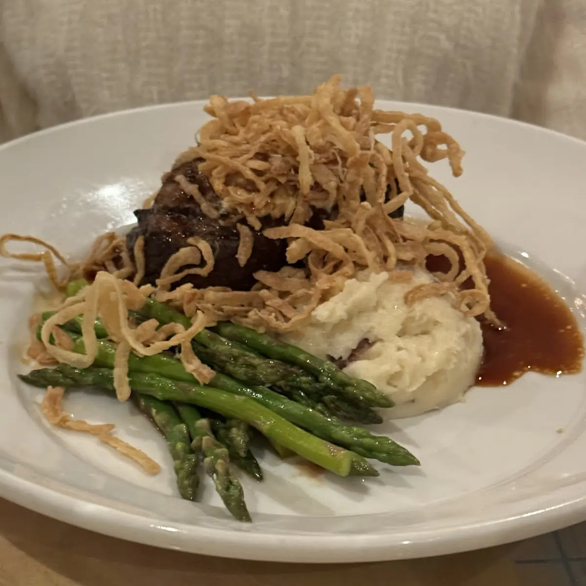 Dr Pepper Braised Short Rib Garlic Mashed Potato Thin Beans and Onion Strings