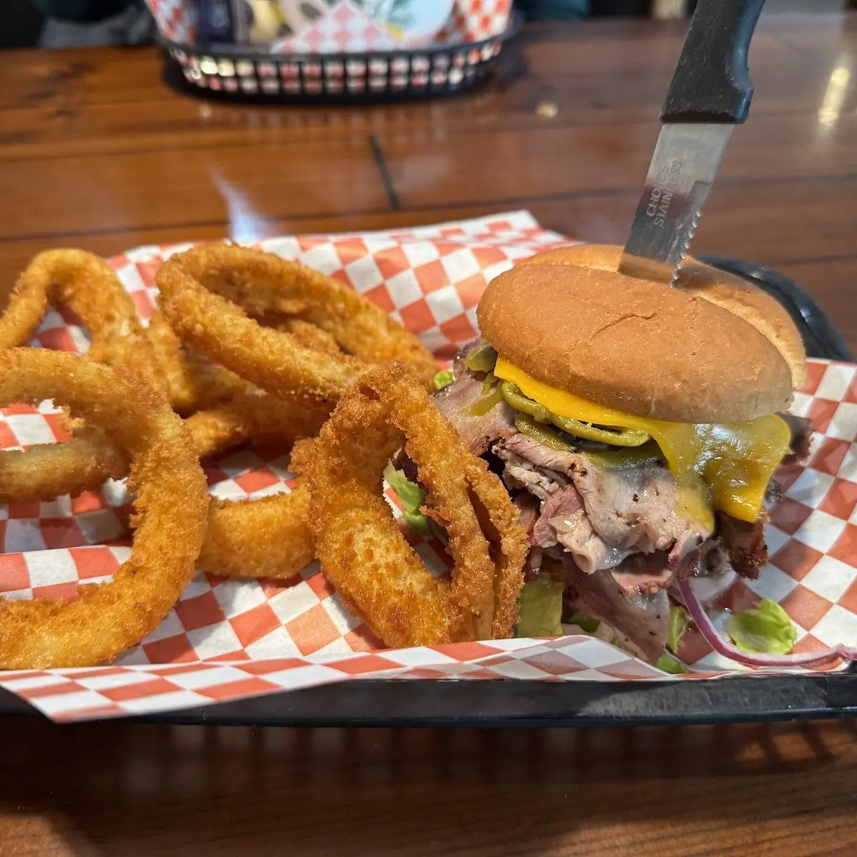 Cheeseburger with Tri Tip Crown Onion Rings