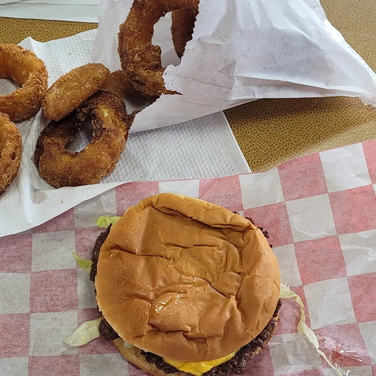 Burger and Onion Rings