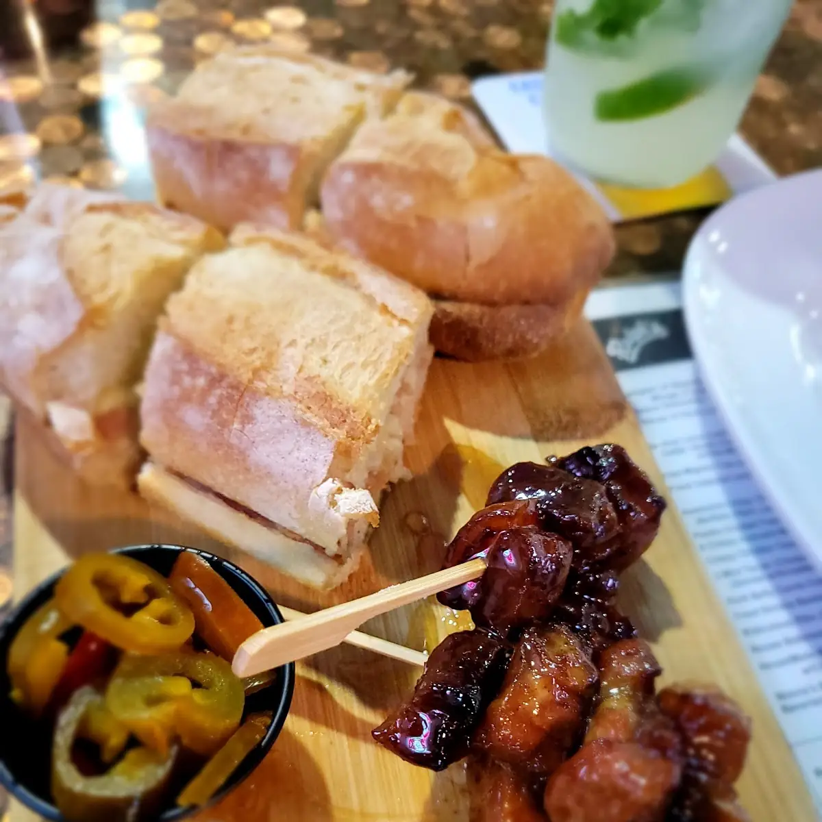 Pork Belly Candy Cubed Skewers & Prociutto Bread
