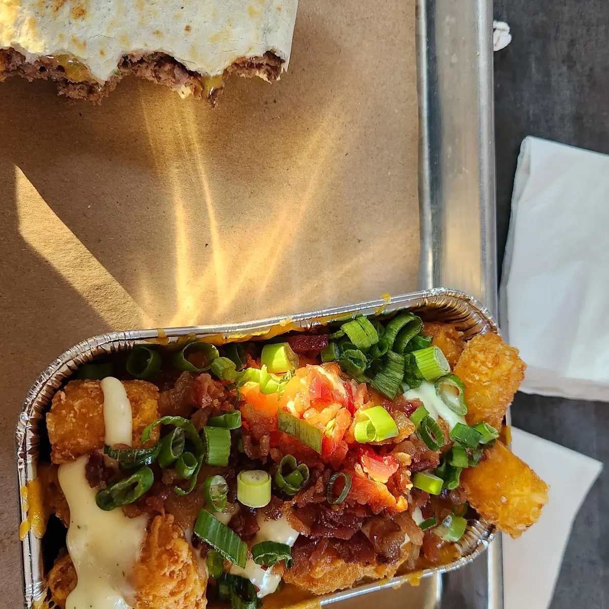 Quesadilla Burger with Loaded Tots