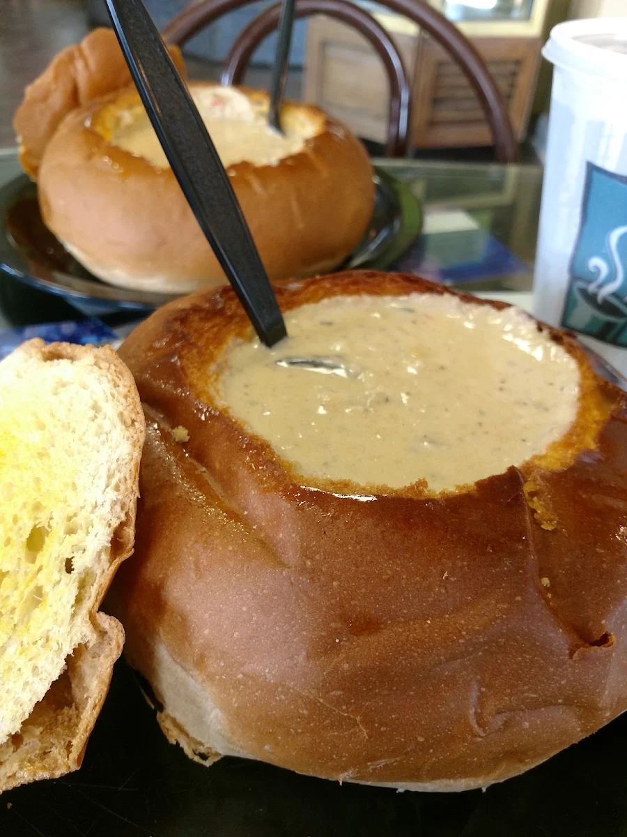 Corn and Crab Bisque in a Bread Bowl