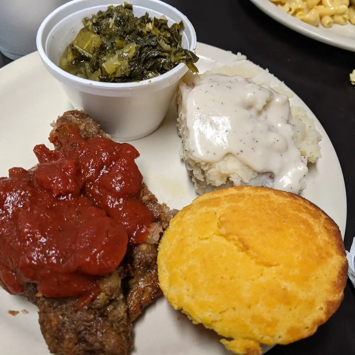 Meatloaf Mashed Potatoes Turnip Greens and Cornbread