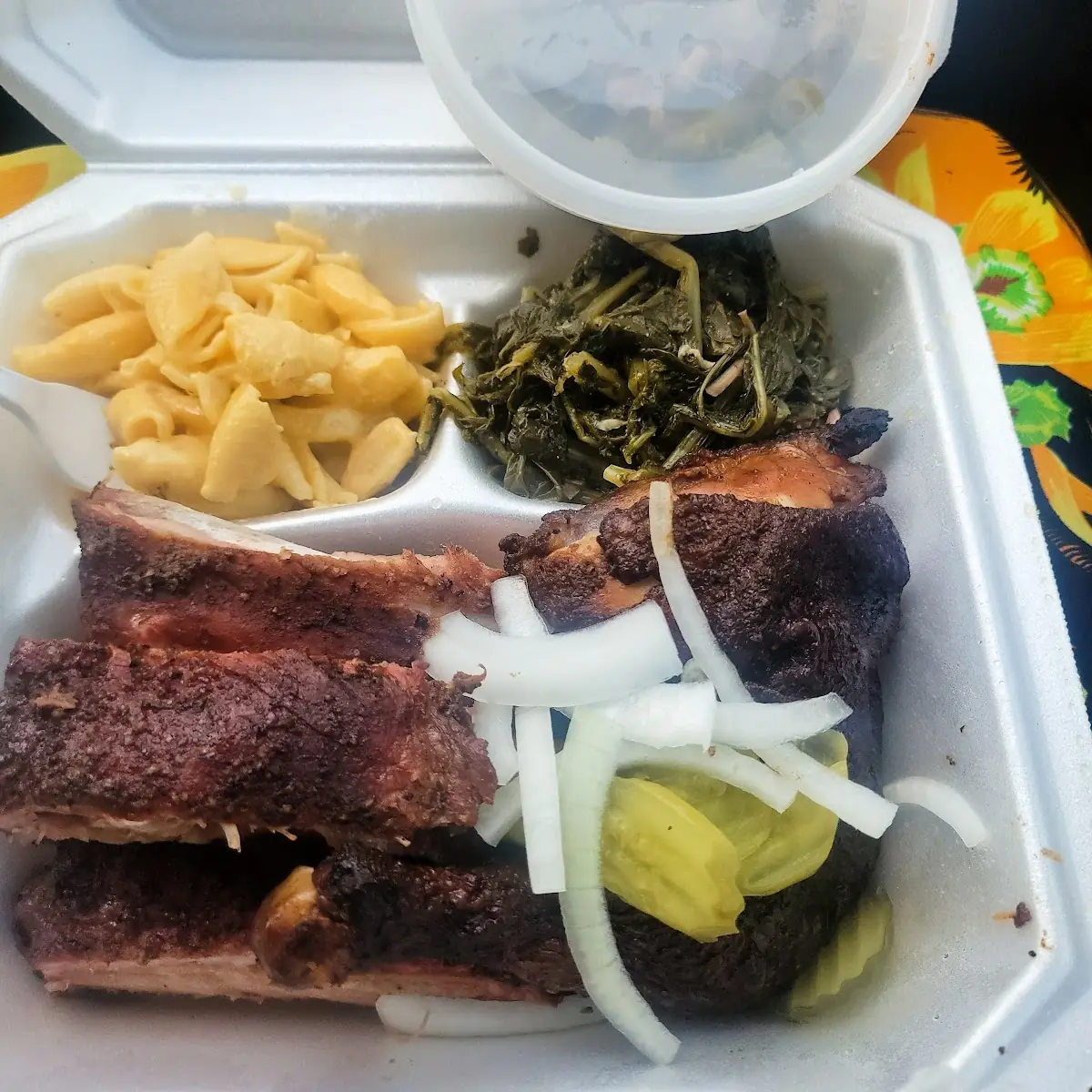Ribs BBQ Chicken Mac and Cheese and Collard Greens