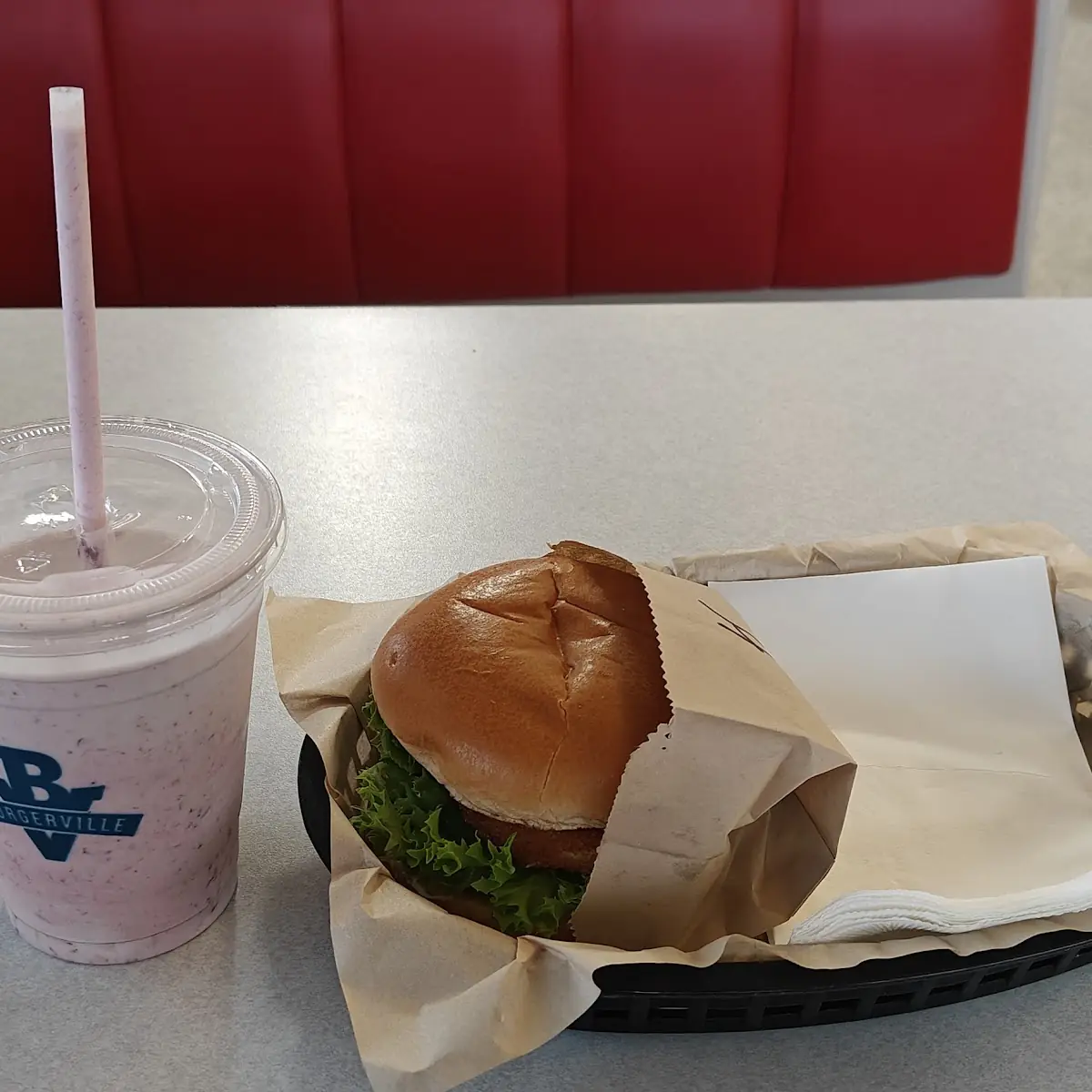 Halibut Sandwich and Oregon Strawberry Milkshake