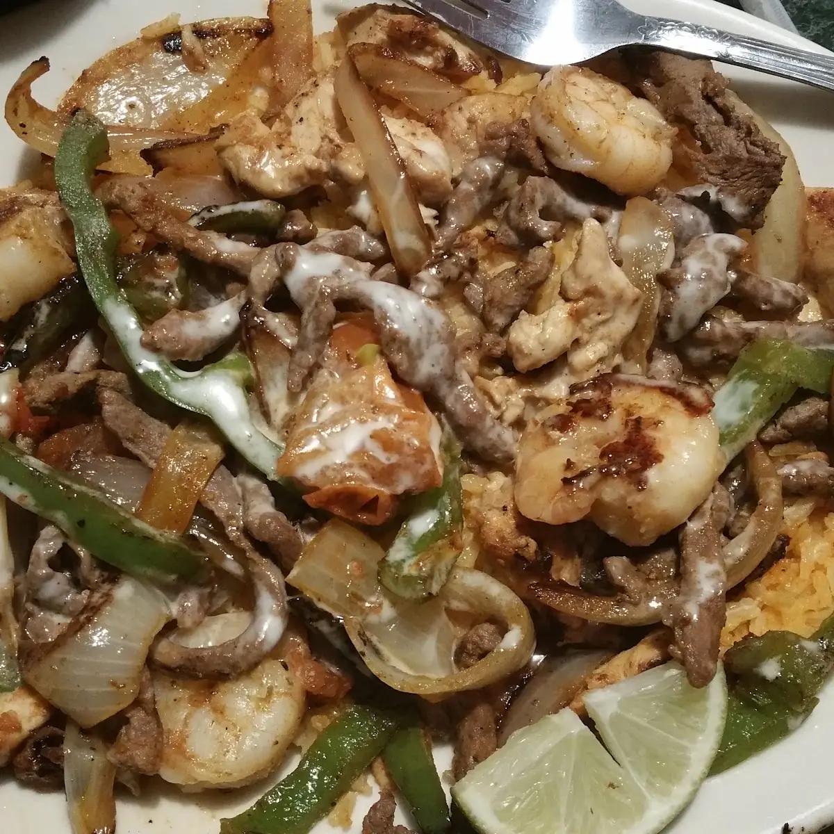 Chicken Steak Shrimp Fajitas over Rice
