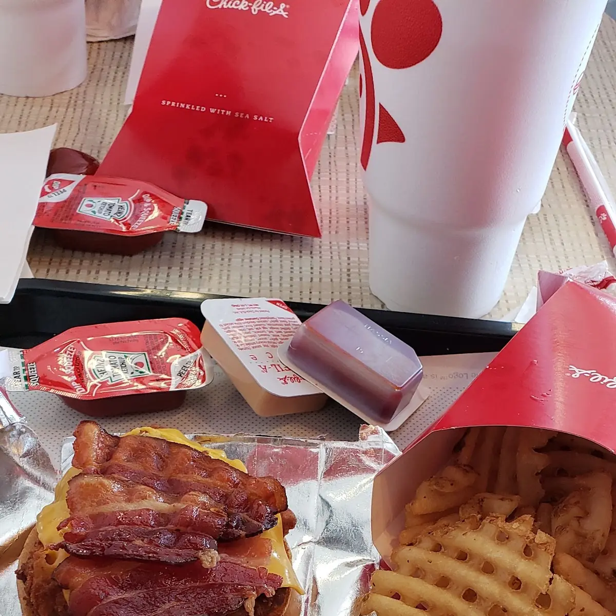 Original Chicken Sandwich with American Cheese and Bacon and Waffle Fries