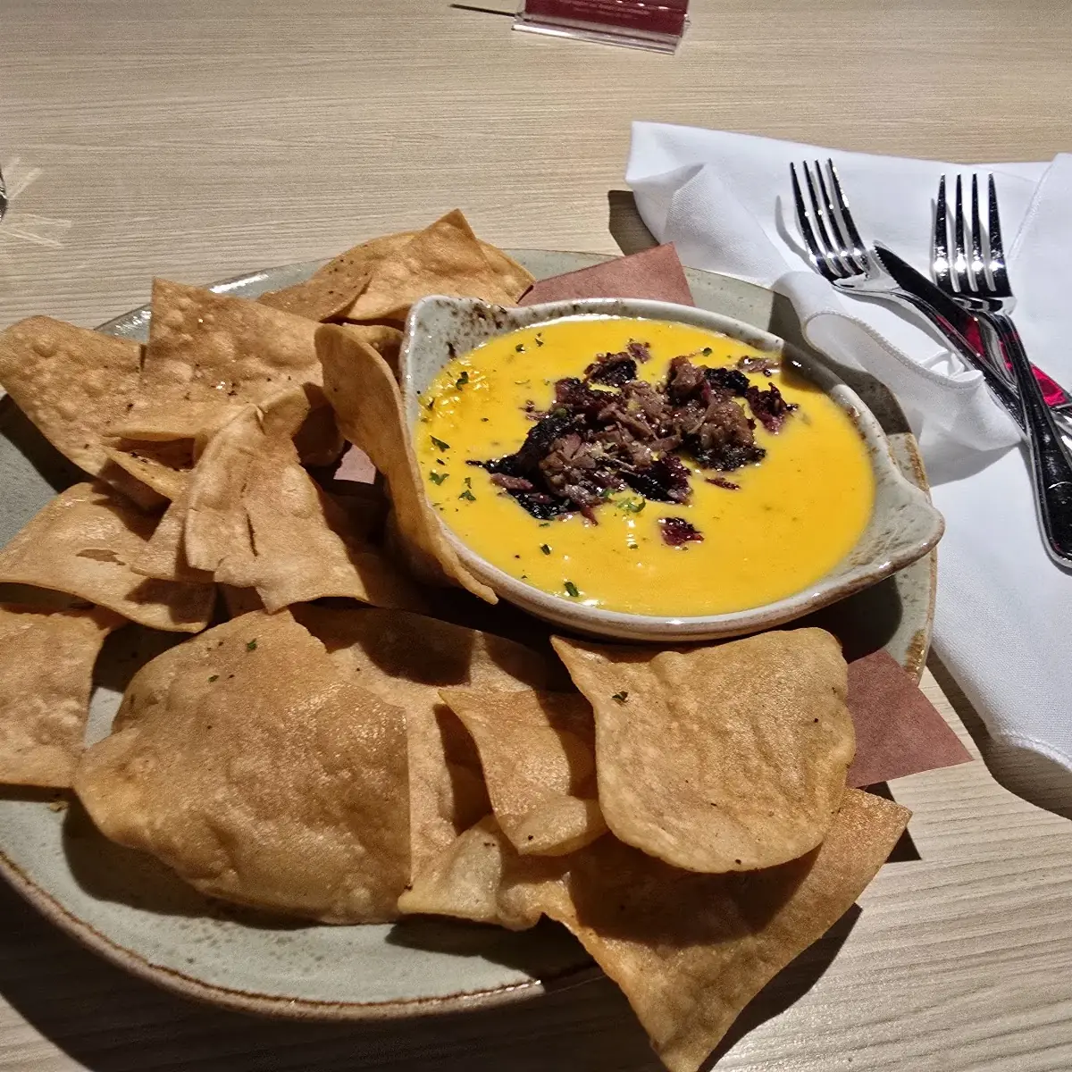 Blues Beef Brisket Queso with Crispy Tortilla Chips