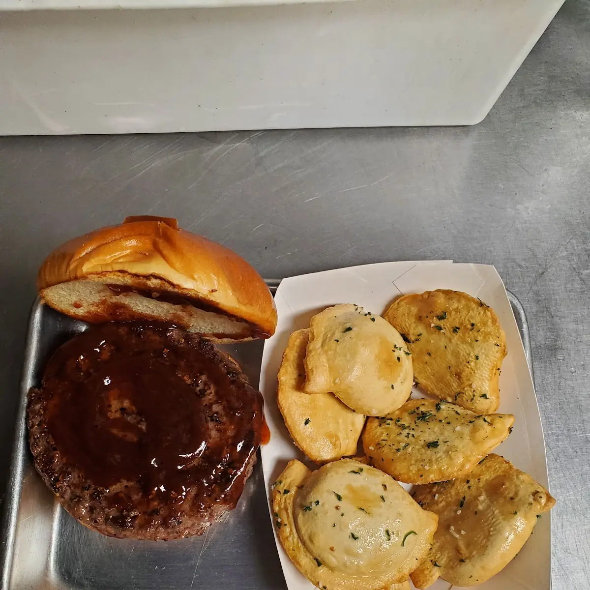 BBQ Sauce Hamburger and Pierogies