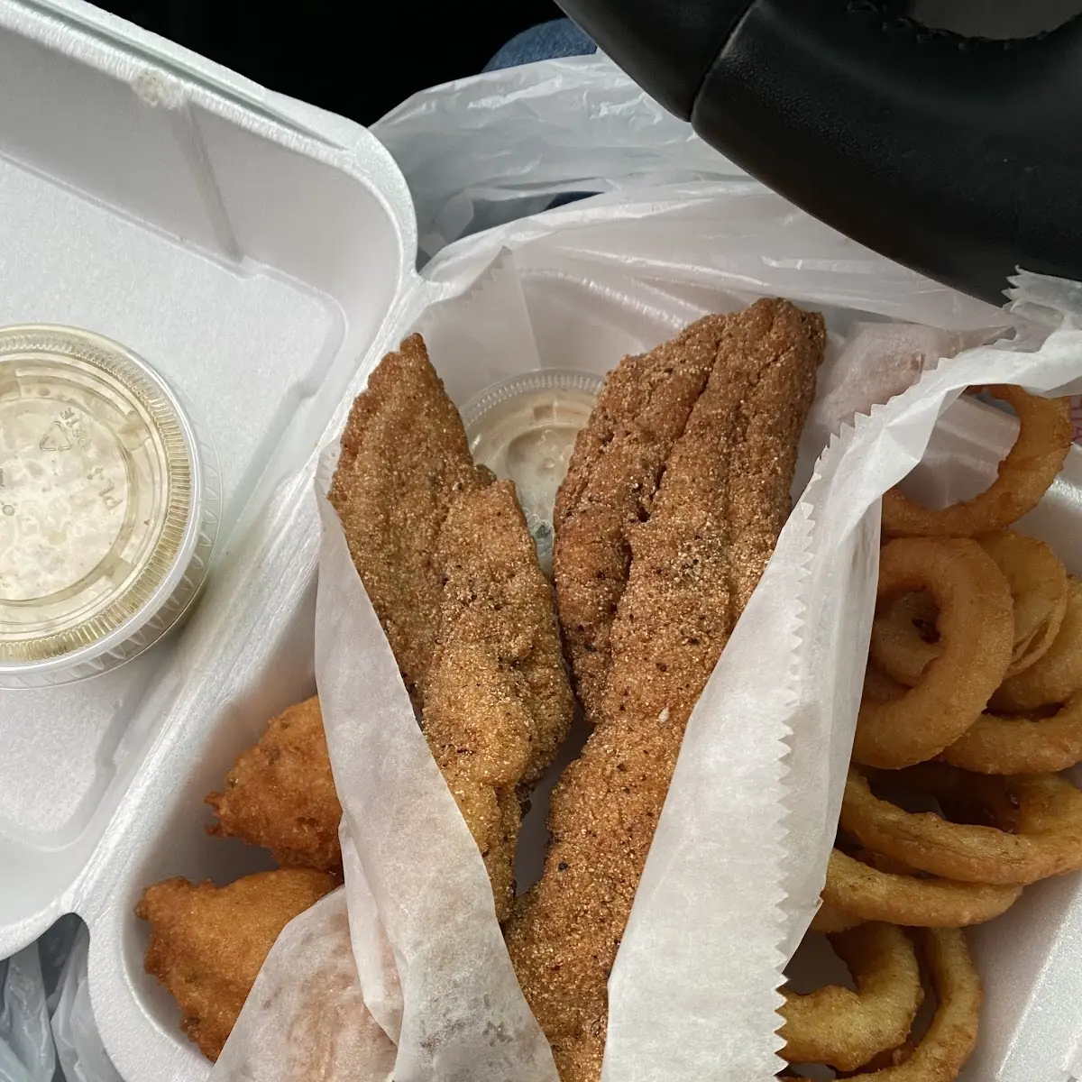Large Fried Catfish Dinner w Mac & Cheese Green Beans and Cole Slaw