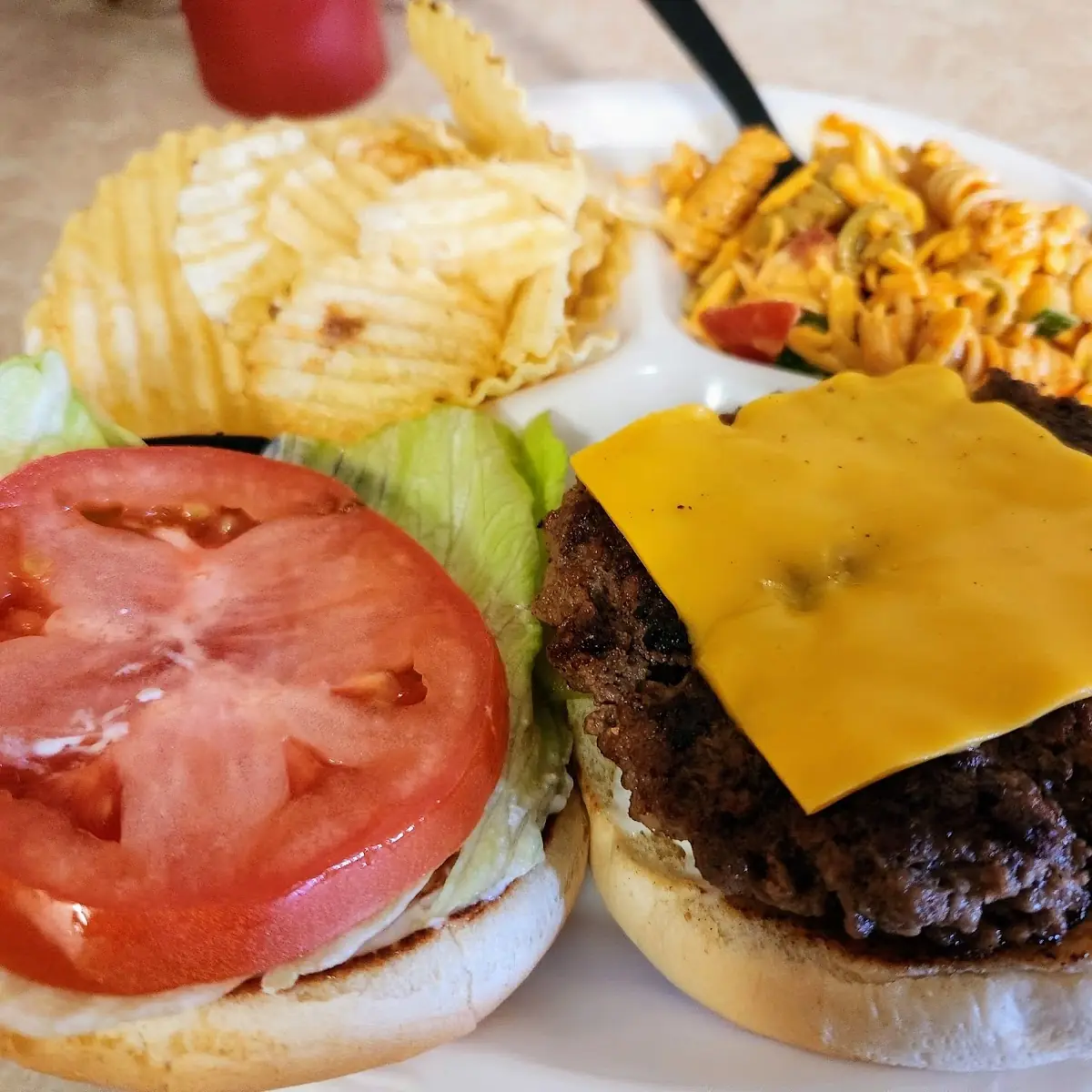Cheese Burger with Chips and Pasta Salad