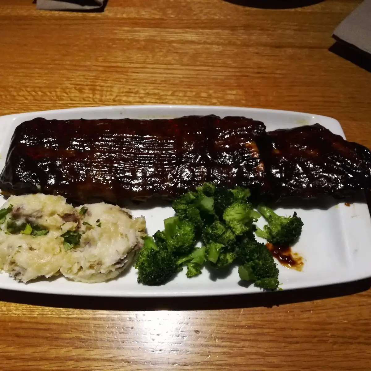 Baby Back Ribs with Steamed Broccoli and Mashed Potatoes