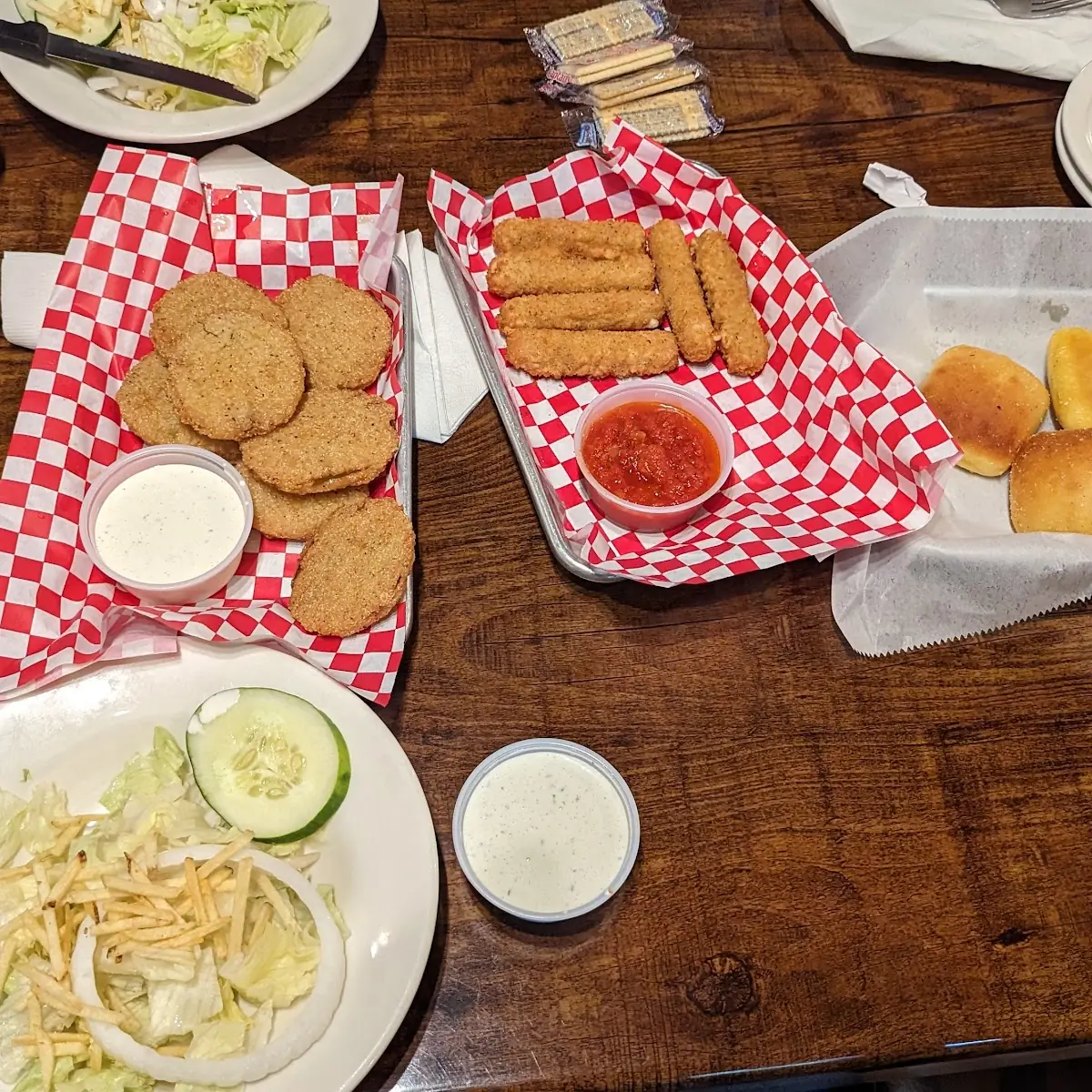 Fried Green Tomatoes Cheese Sticks and Salad