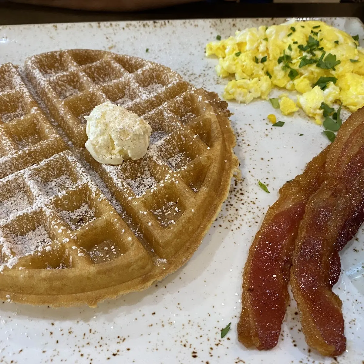 Waffle with Scrambled Eggs and Bacon