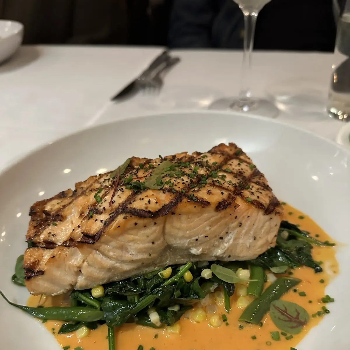 Pan Seared Atlantic Salmon-Pureed Potatoes Haricot Verts Caper Butter