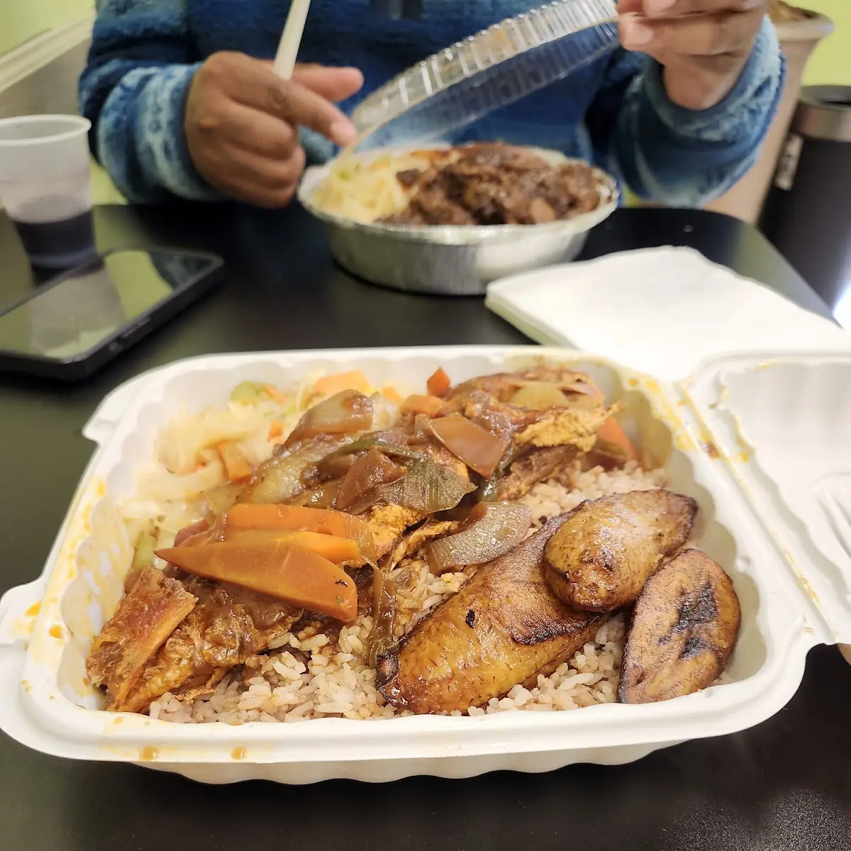 Fish Plantains Rice Carrots and Cabbage