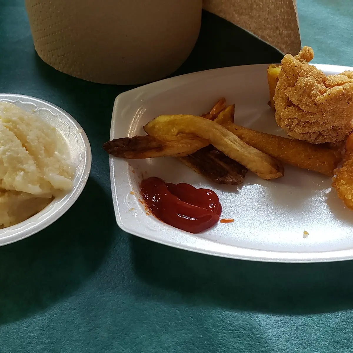 Catfish Shrimp and Homemade Peach Cobbler and Ice Cream