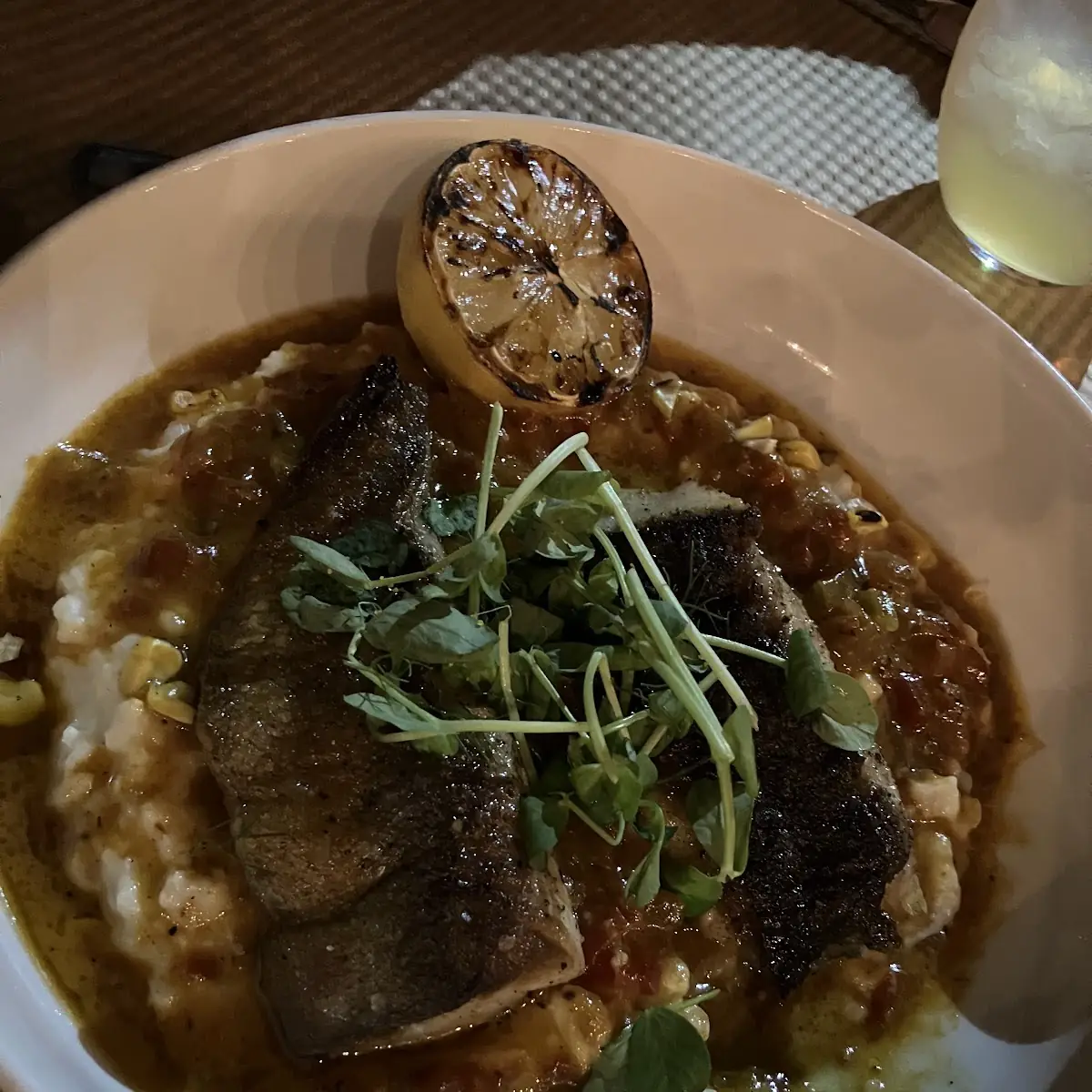 Blackened Cod Dinner on Heirloom Grits