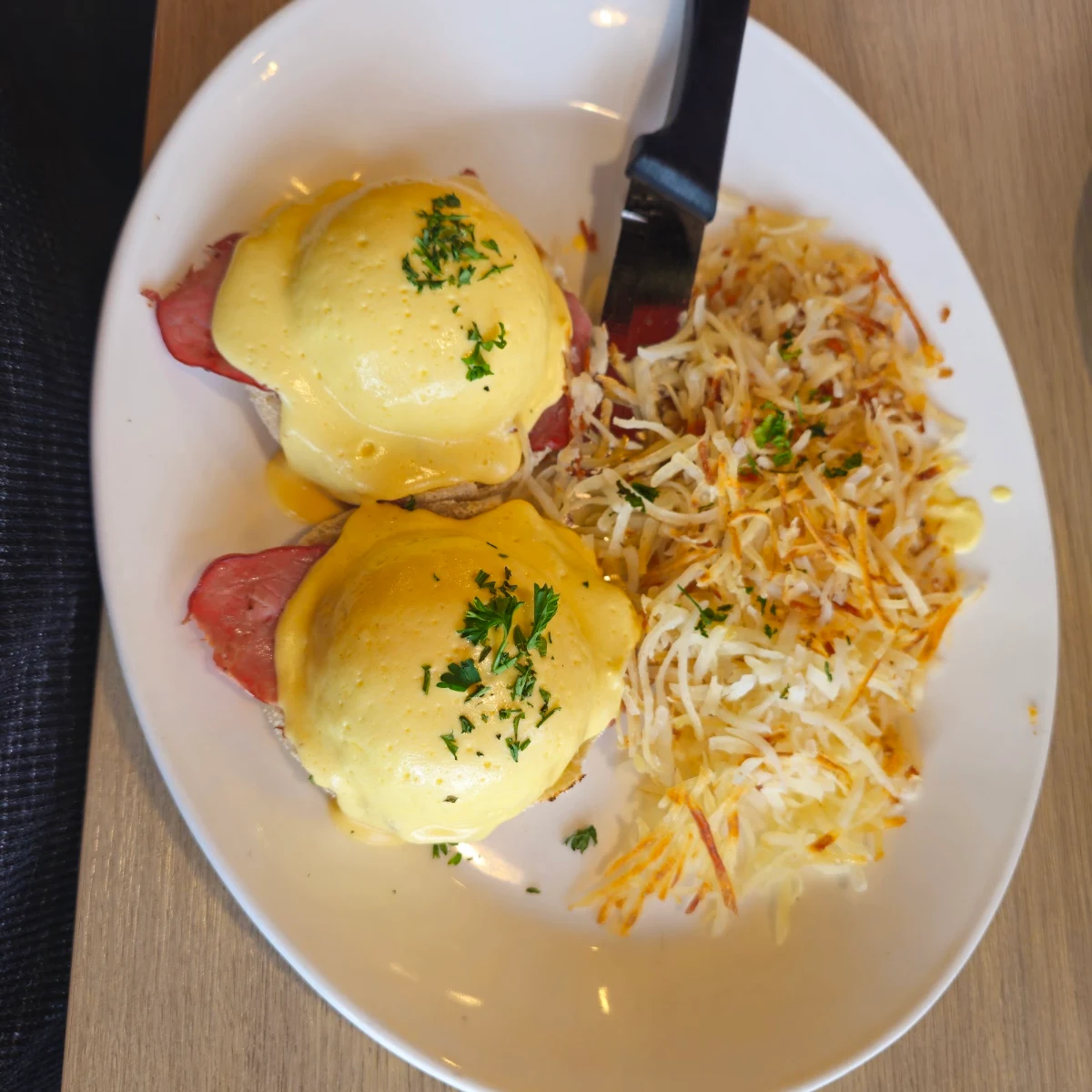 Western Benedict with Black Forest Ham Canadian Cheddar and Sautéed Mushrooms