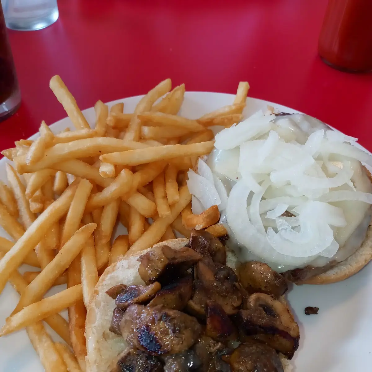 Mushroom Swiss Burger with Fries