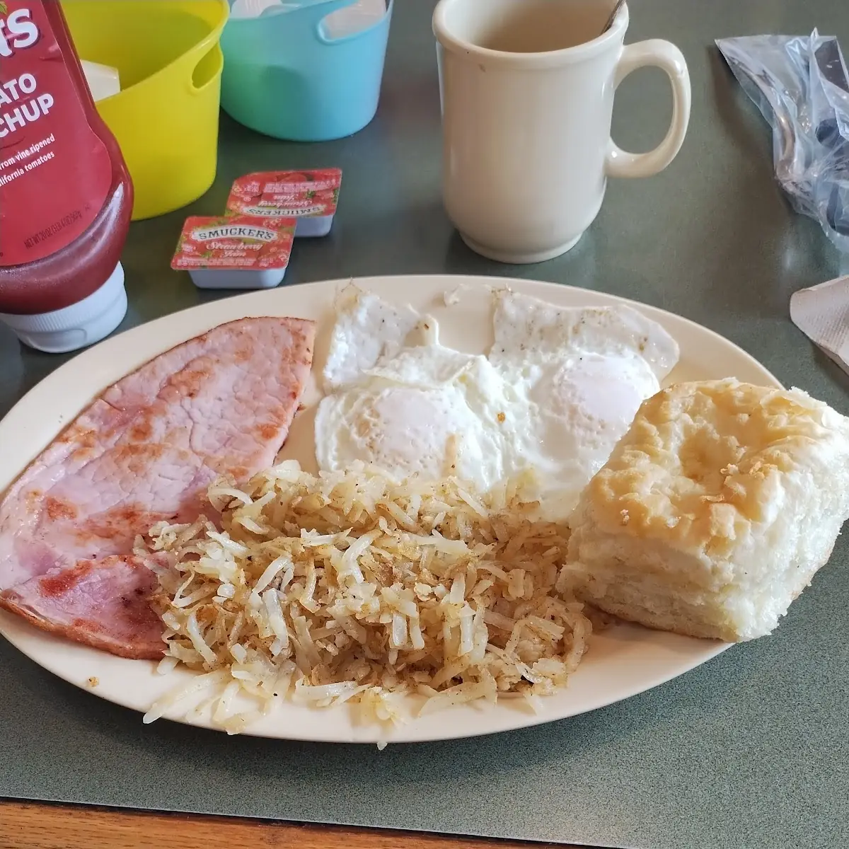Fried Eggs Hash Brown Ham and Biscuit
