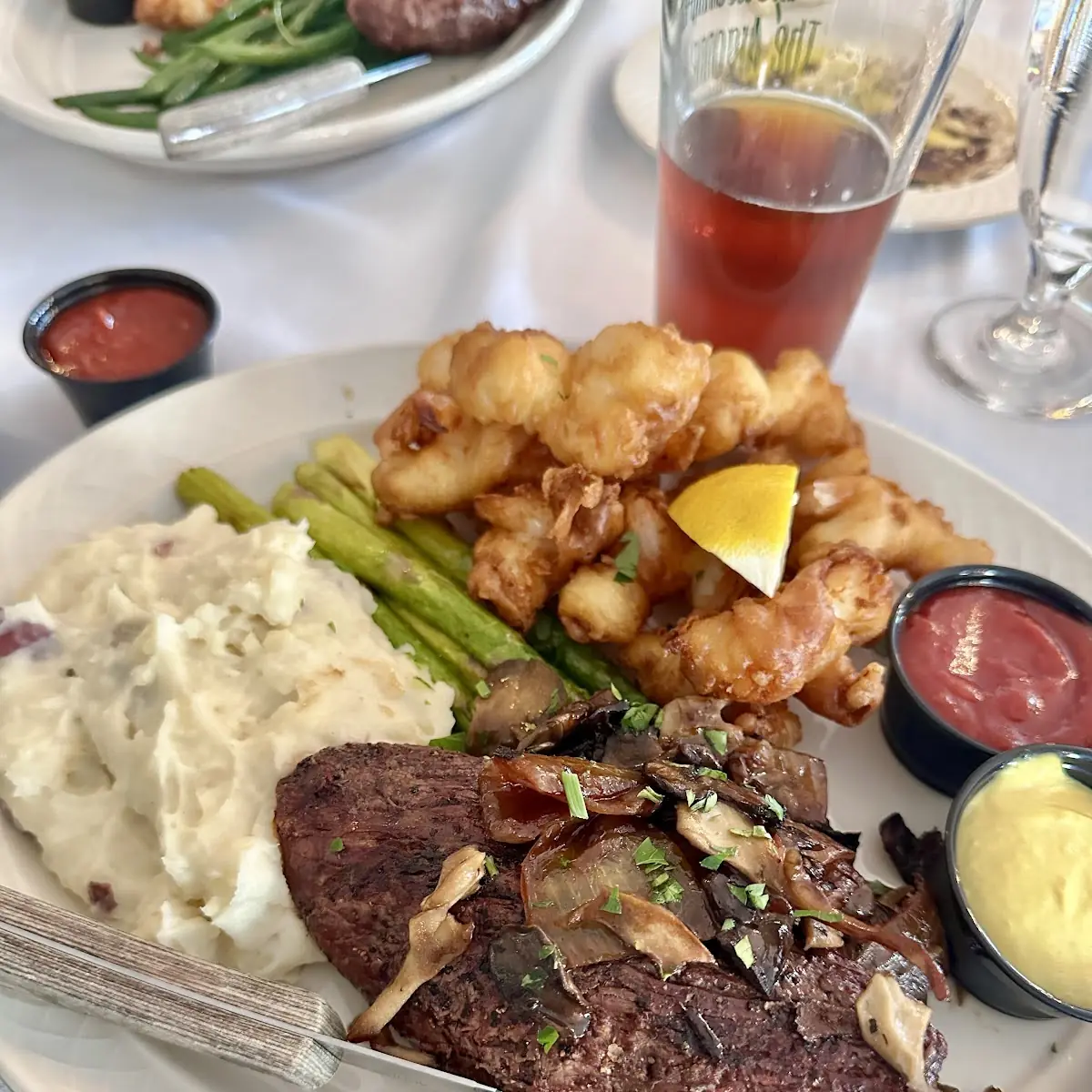Steak Mashed Red Skins Asparagus with Steam Shrimp Dinner