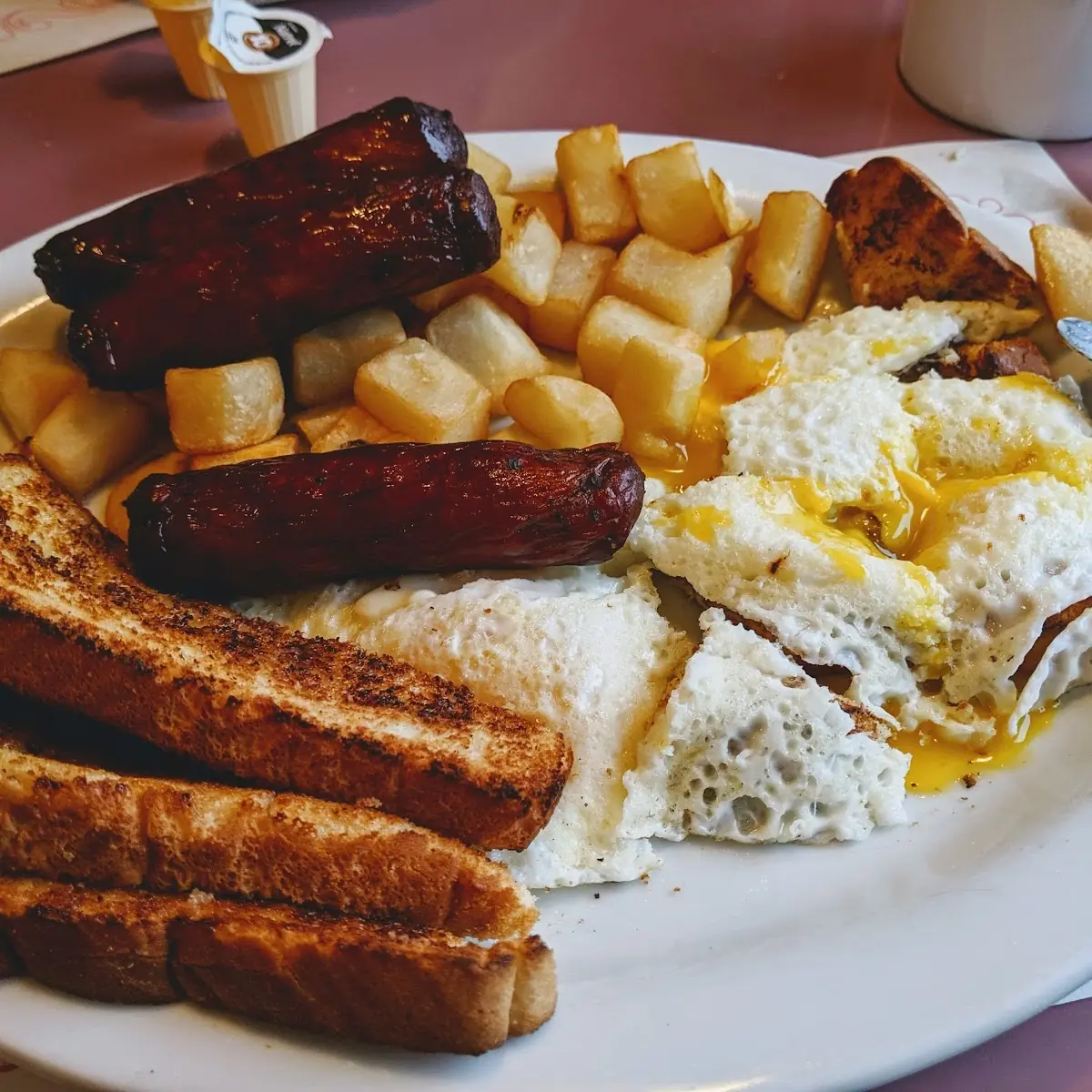 Eggs Sausages and Home Fries with Toast, Tincap Restaurant & Plaza