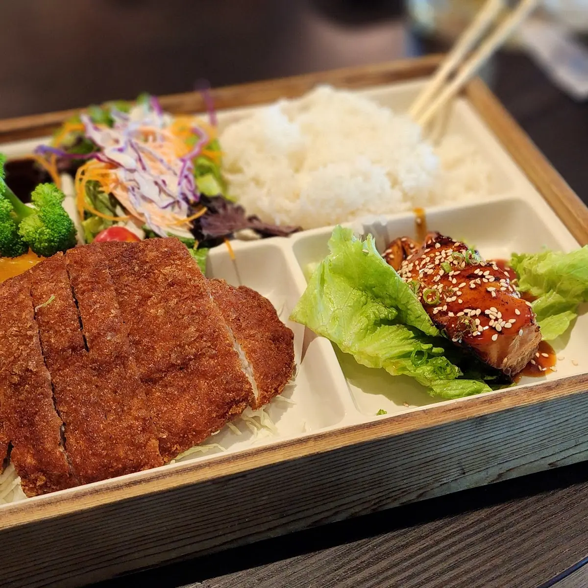 Combination Box with Salmon Teriyaki and Tonkatsu