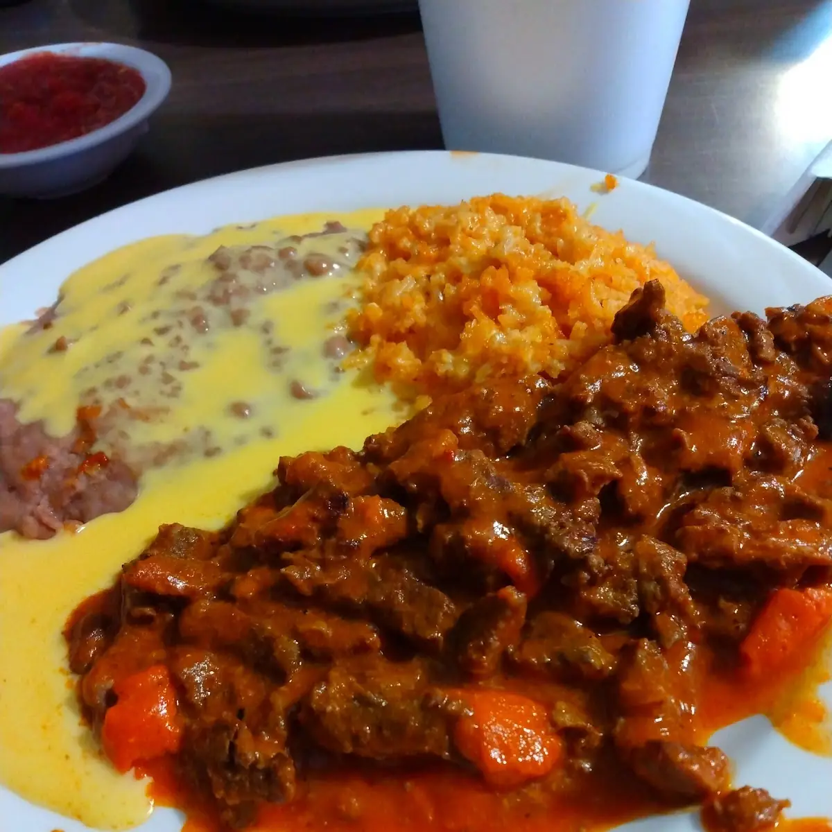 Chile Rojo with Rice and Beans and Cheese