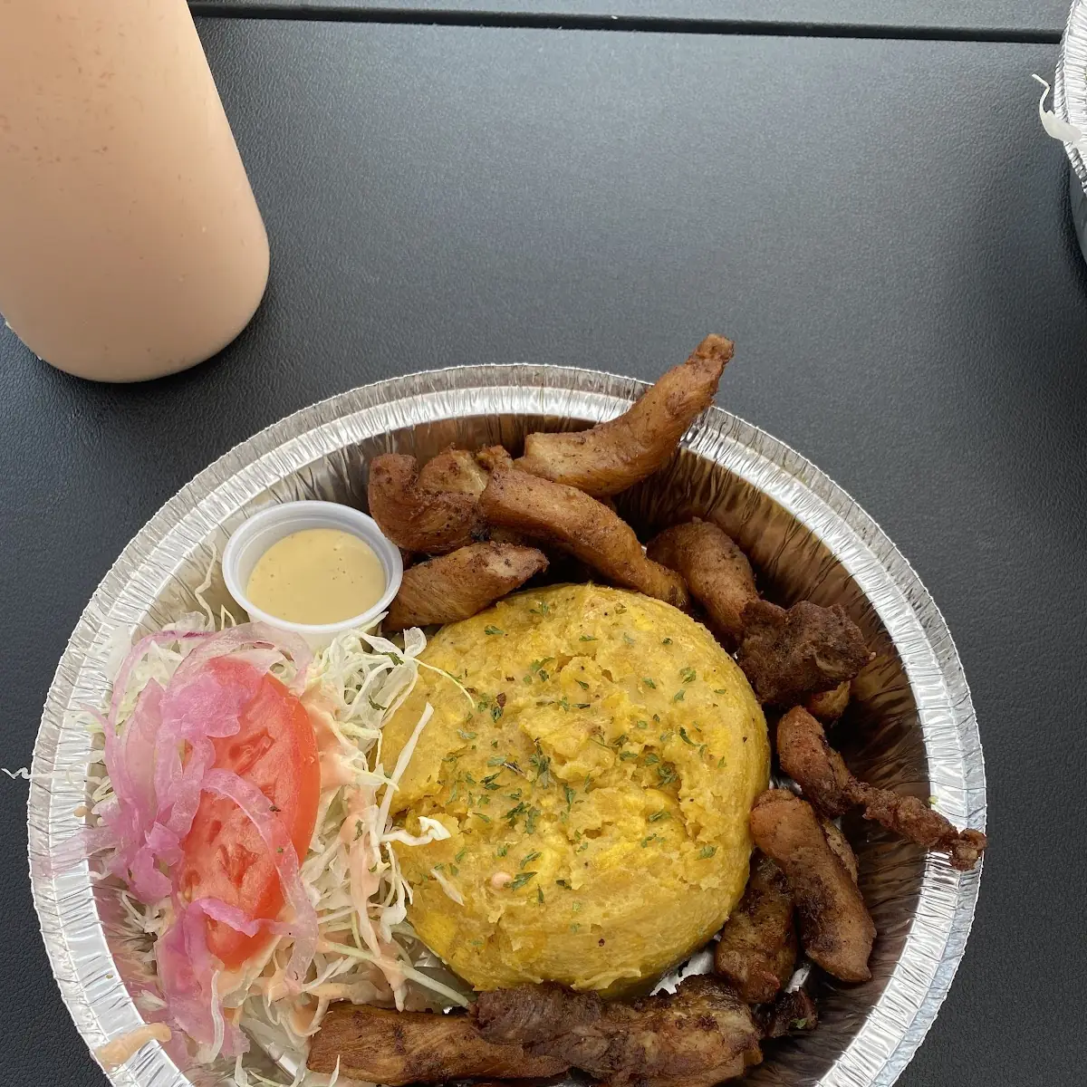 Mofongo with Fried Pork and Salad