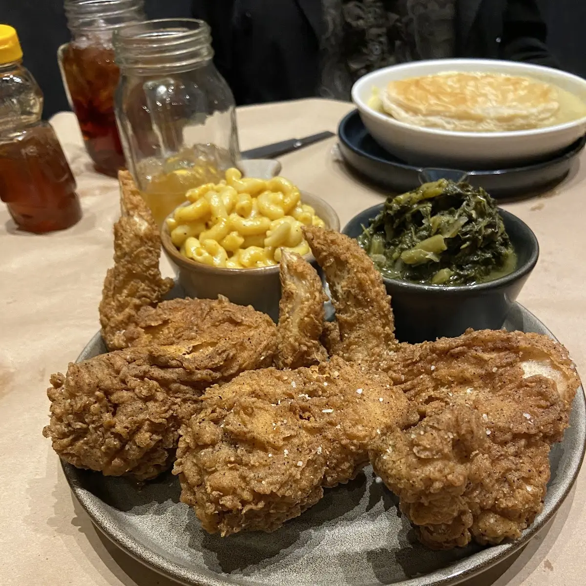 Fried Chicken Mac and Cheese Collard Greens