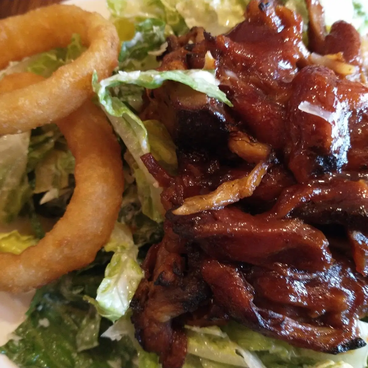 Caesar Salad Onion Rings and Pulled BBQ Pork