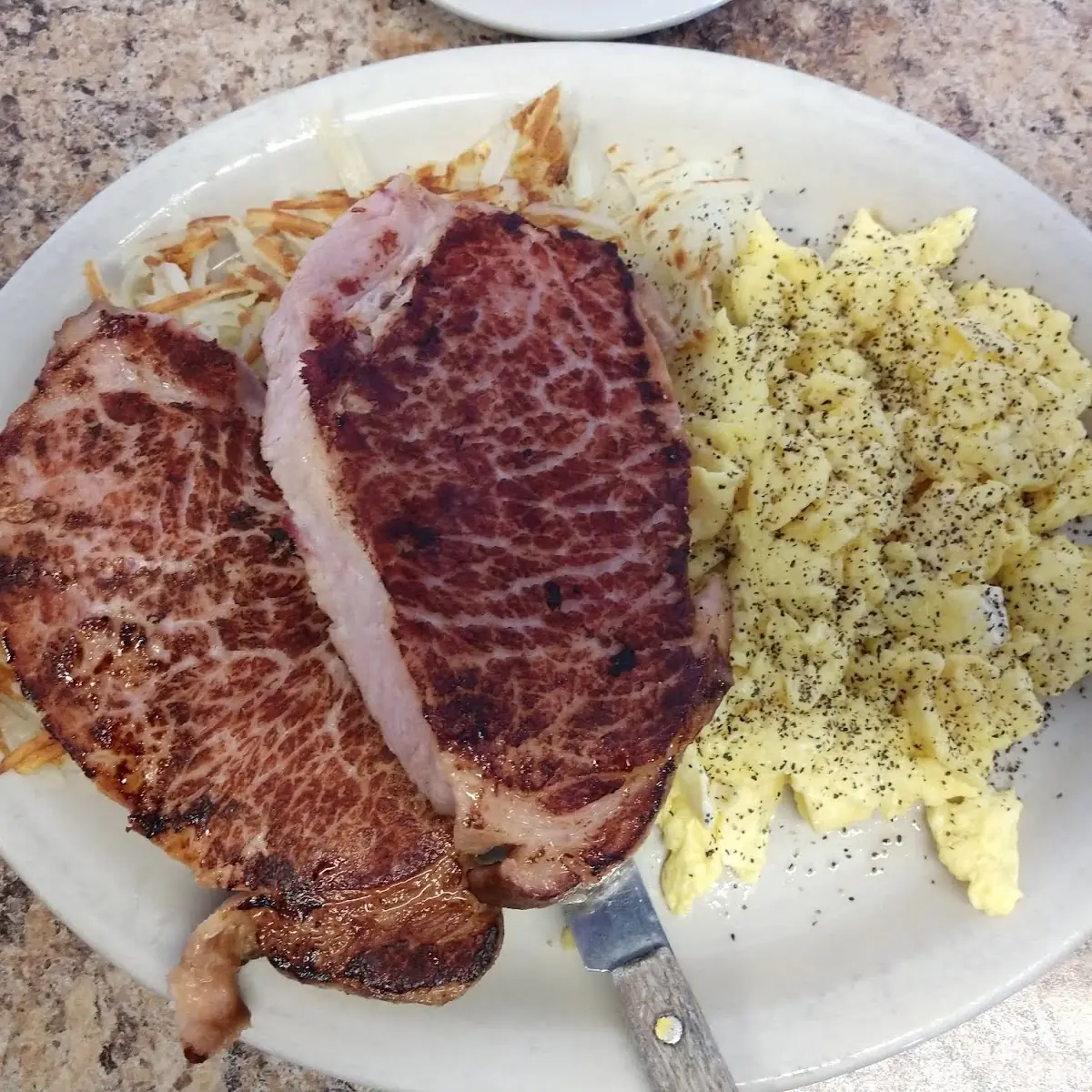 Smoked Pork Chops and Eggs and Hash Browns