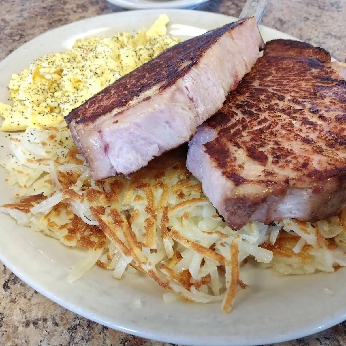 Smoked Pork Chops and Eggs with Hashbrowns