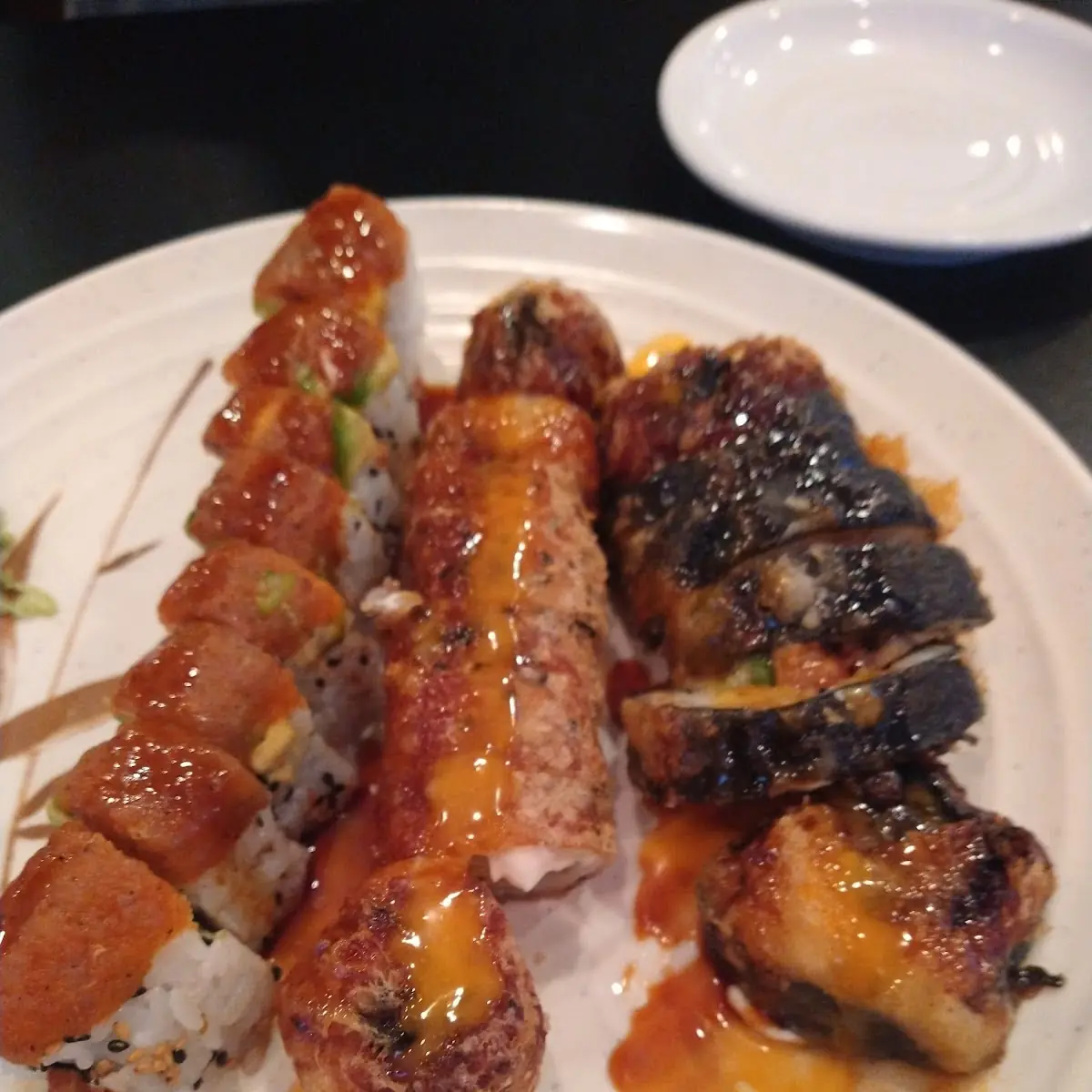 L to R BBQ Eel Roll Spicy Tuna & Firedragon