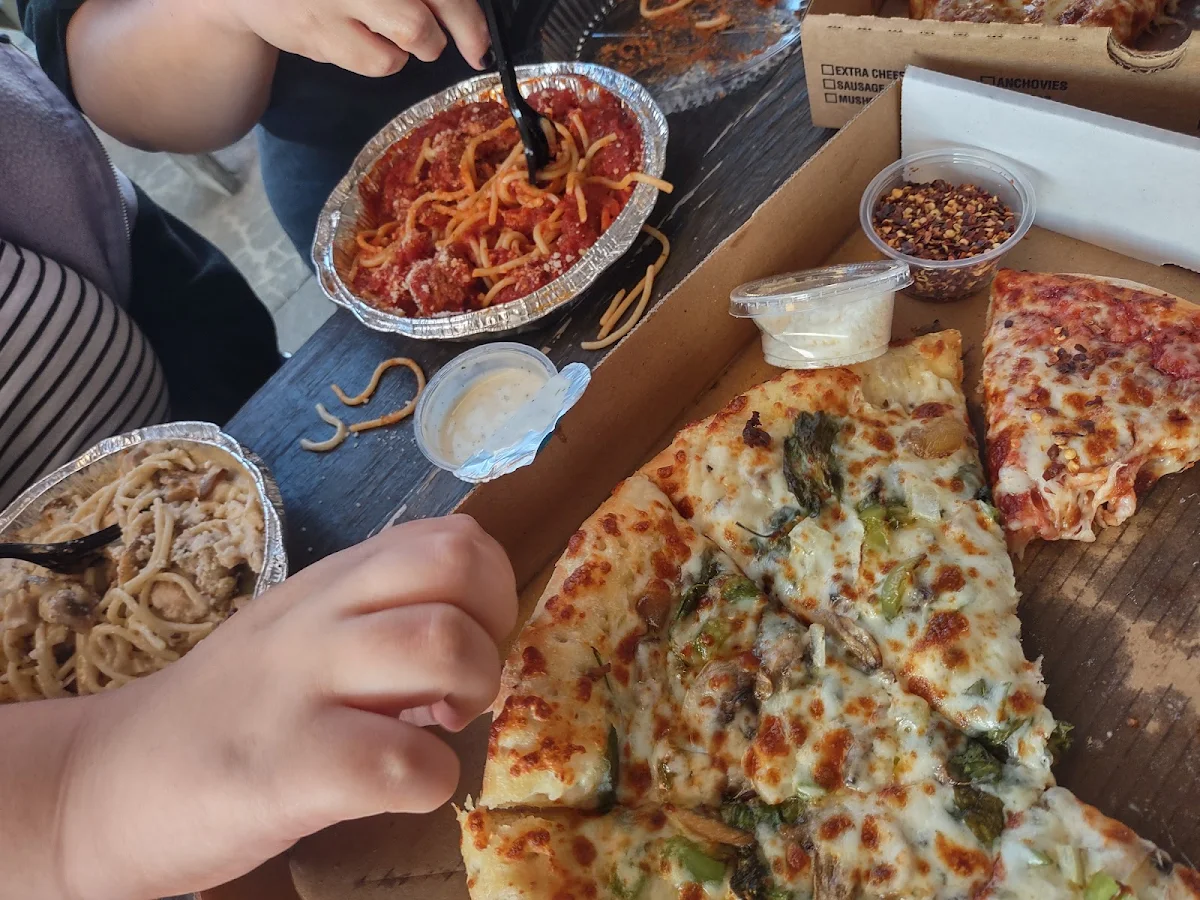 Veggie Pizza Spaghetti and Meatballs Alfredo