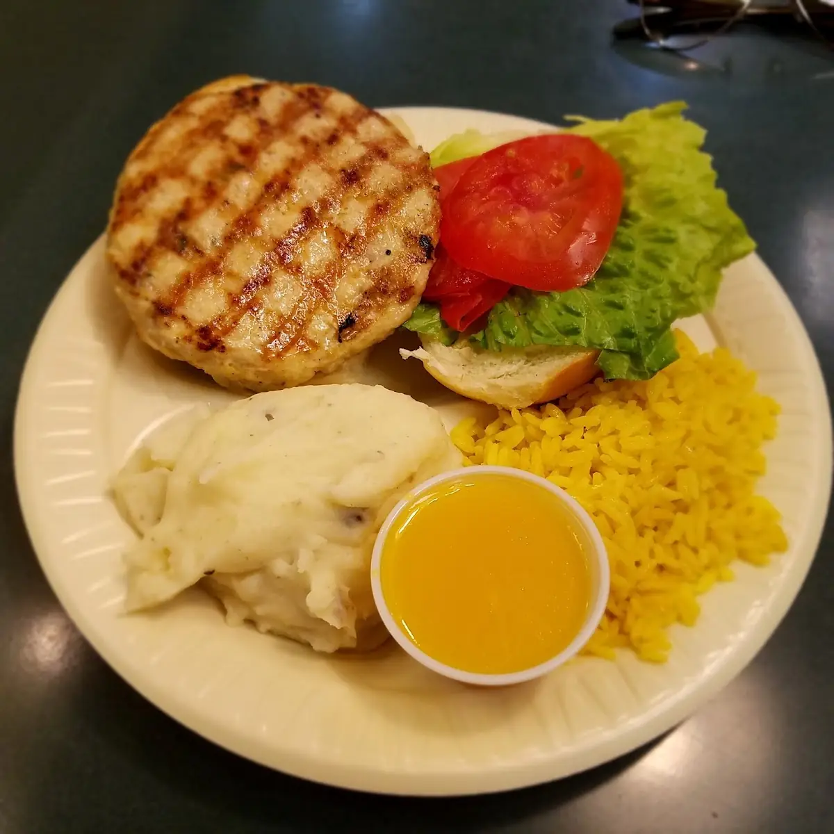 Chicken Burger with Mashed Potatoes and Rice